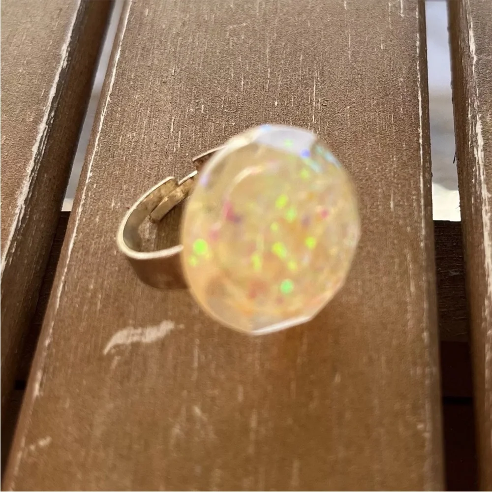 Yellow Green Glitter Faceted Resin Dome Circle Ring Adjustable Metal Handmade